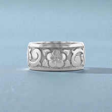 Load image into Gallery viewer, Raised Old English and Plumeria 10mm "Kuuipo" Ring in 14K White Gold in size 8 1/2
