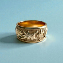 Load image into Gallery viewer, Raised Dolphin &amp; Turtle with Old English 10mm Ring in 14K Yellow Gold in size 8
