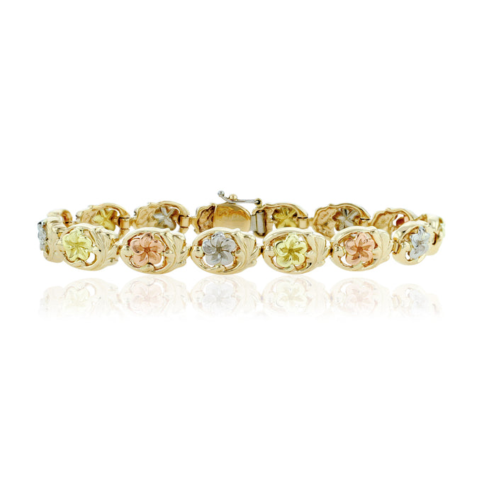 Multicolor Hawaiian Plumeria Link Bracelet in 14K Gold