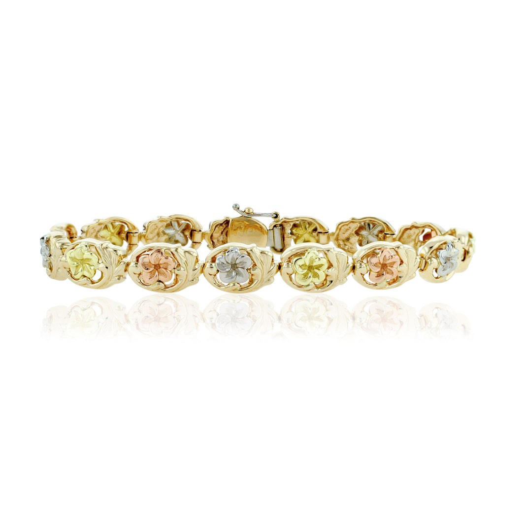 Multicolor Hawaiian Plumeria Link Bracelet in 14K Gold