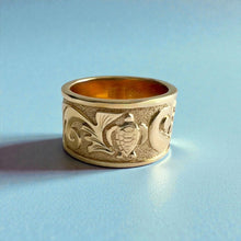 Load image into Gallery viewer, Raised Dolphin &amp; Turtle with Old English 12mm Ring in 14K Yellow Gold in size 8
