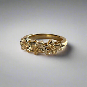 Three Small Plumeria Hawaiian Flower Ring in 14K Yellow, White, Green Gold or Platinum