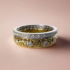 Hawaiian Heirloom Gold Rings with Engraving and Diamonds