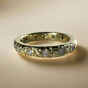 3mm Plumeria All Around & Diamonds Ring in 14K Green Gold