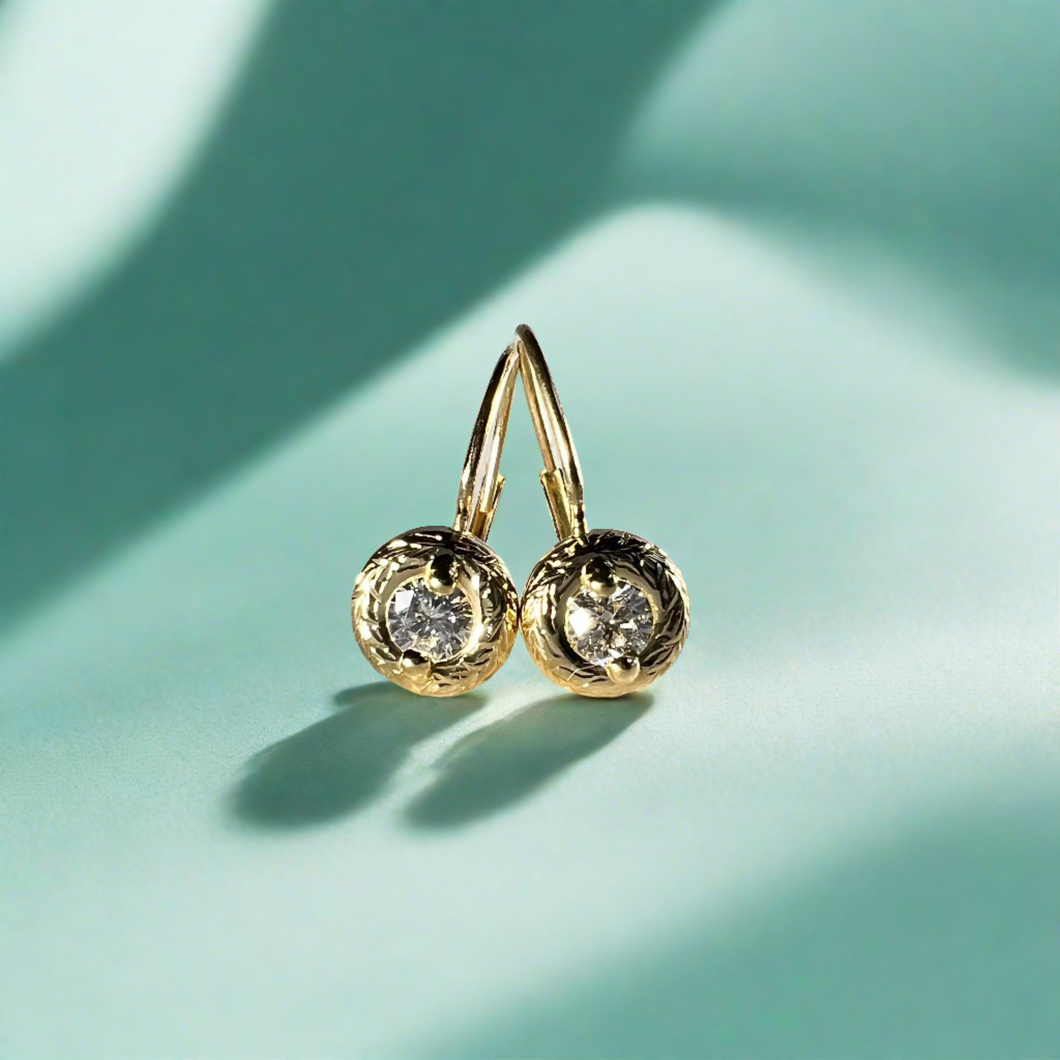 Round Lever Back Diamond Earrings in 14K Yellow 