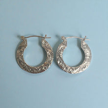 Load image into Gallery viewer, Flat Hoop Earrings with Old English design in 14K White Gold
