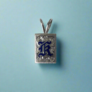 12mm Blue Enamel Initial "K" Pendant in 14K White Gold