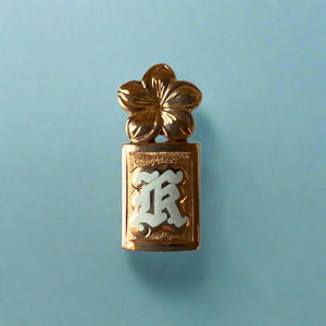 Hawaiian Enamel Initial "K" Pendant with Plumeria On Top in 14K Pink Gold