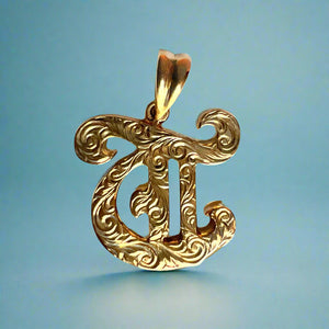 Large Scrolled Letter Initial T Pendant in 14K Yellow Gold