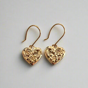 Filigree Heart Flowers w/ Scroll Dangle Earrings in 14K Gold [small or large]