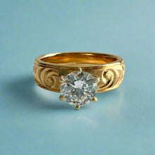 Load image into Gallery viewer, Kaimana Kula Old English &amp; Hibiscus 6mm Solitaire Ring with Cubic Zirconia in 14K Yellow Gold in size 8 1/4
