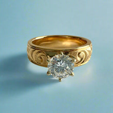 Load image into Gallery viewer, Kaimana Kula Old English &amp; Hibiscus 6mm Solitaire Ring with Cubic Zirconia in 14K Yellow Gold in size 8 1/4
