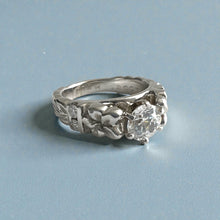 Load image into Gallery viewer, Deep Cut Maile &amp; Plumerias Solitaire Ring with Cubic Zirconia &amp; Diamonds in 14K White Gold in size 7
