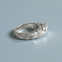 Load image into Gallery viewer, Deep Cut Maile &amp; Plumerias Solitaire Ring with Cubic Zirconia &amp; Diamonds in 14K White Gold in size 7

