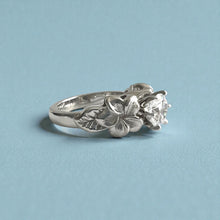 Load image into Gallery viewer, Plumerias with Leaves Solitaire Ring with 1ct Cubic Zirconia in 14K White Gold in size 7
