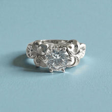 Load image into Gallery viewer, Plumerias with Leaves Solitaire Ring with 1ct Cubic Zirconia in 14K White Gold in size 7
