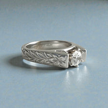 Load image into Gallery viewer, Shiny Maile &amp; Hibiscus 4mm French Mount Solitaire Flat Ring with Cubic Zirconia in 14K White Gold in size 6 1/4
