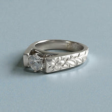 Load image into Gallery viewer, Shiny Maile &amp; Hibiscus 4mm French Mount Solitaire Flat Ring with Cubic Zirconia in 14K White Gold in size 6 1/4
