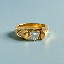 Load image into Gallery viewer, Old English 4mm French Mount Solitaire Ring with .25ct Diamond in 14K Yellow Gold in size 4 5/8
