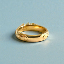 Load image into Gallery viewer, Old English 4mm French Mount Solitaire Ring with .25ct Diamond in 14K Yellow Gold in size 4 5/8
