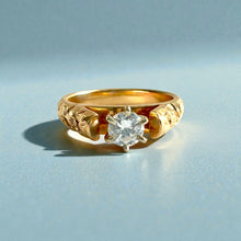 Load image into Gallery viewer, Old English &amp; Hibiscus 4mm French Mount Solitaire Ring with 4.2mm Cubic Zirconia in 14K Yellow Gold in size 6
