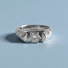 Load image into Gallery viewer, Old English &amp; Hibiscus 4mm French Mount Solitaire Ring with .24ct Diamond in 14K White Gold in size 6 1/8
