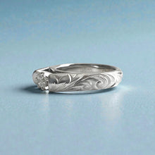 Load image into Gallery viewer, Old English &amp; Hibiscus 4mm French Mount Solitaire Ring with .24ct Diamond in 14K White Gold in size 6 1/8
