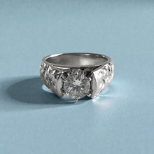 Load image into Gallery viewer, Old English &amp; Hibiscus 6mm French Mount Solitaire Ring with .75ct Cubic Zirconia in 14K White Gold in size 6 5/8
