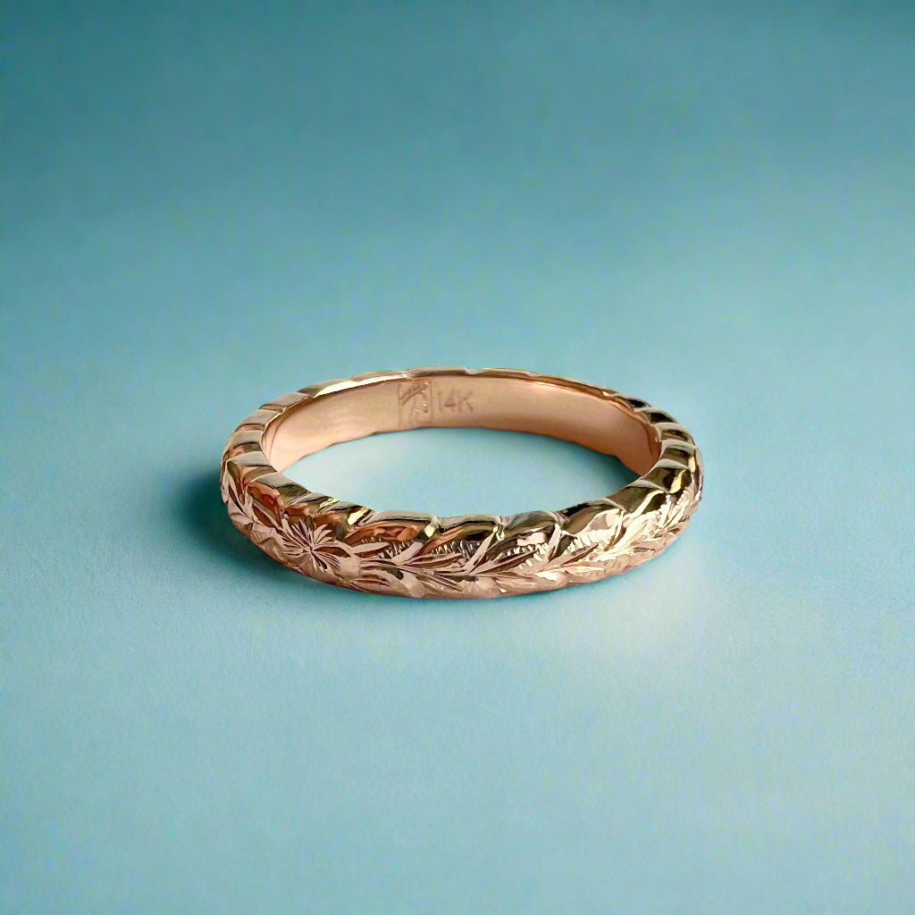 Scalloped Maile & Plumeria 3mm Ring in 14K Pink Gold