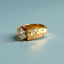 Load image into Gallery viewer, Shiny Maile &amp; Hibiscus 6mm French Mount Solitaire Ring with 1ct Cubic Zirconia in 14K Yellow Gold in size 4 1/4
