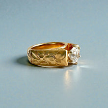 Load image into Gallery viewer, Shiny Maile &amp; Hibiscus 6mm French Mount Solitaire Ring with 1ct Cubic Zirconia in 14K Yellow Gold in size 4 1/4
