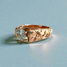 Load image into Gallery viewer, Old English &amp; Hibiscus 6mm Tapered French Mount Solitaire Ring with 1ct Cubic Zirconia in 14K Pink Gold in size 5 3/4
