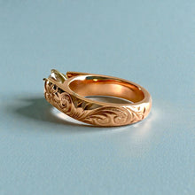 Load image into Gallery viewer, Old English &amp; Hibiscus 6mm Tapered French Mount Solitaire Ring with 1ct Cubic Zirconia in 14K Pink Gold in size 5 3/4
