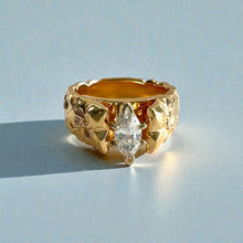 Load image into Gallery viewer, Scalloped Shiny Maile &amp; Hibiscus 8mm French Mount Solitaire Ring with .81ct Marquise Cubic Zirconia in 14K Yellow Gold in size 6 3/4
