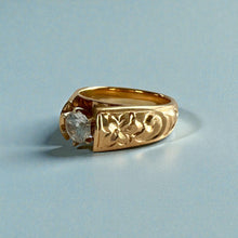 Load image into Gallery viewer, Old English &amp; Hibiscus 8mm Tapered French Mount Solitaire Ring with 5.4mm Cubic Zirconia in 14K Yellow Gold in size 8 1/8
