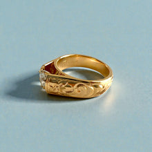 Load image into Gallery viewer, Old English &amp; Hibiscus 8mm Tapered French Mount Solitaire Ring with 5.4mm Cubic Zirconia in 14K Yellow Gold in size 8 1/8
