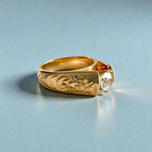 Load image into Gallery viewer, Old English &amp; Hibiscus 8mm Tapered French Mount Solitaire Ring with 5.4mm Cubic Zirconia in 14K Yellow Gold in size 8 1/8
