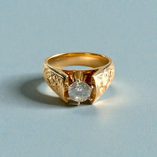 Load image into Gallery viewer, Old English &amp; Hibiscus 8mm Tapered French Mount Solitaire Ring with 5.4mm Cubic Zirconia in 14K Yellow Gold in size 8 1/8
