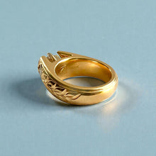 Load image into Gallery viewer, Shiny Maile 8mm Tapered French Mount Ring with 6.5mm Cubic Zirconia &amp; Heart Shape Diamonds in 14K Yellow Gold in size 5 1/4
