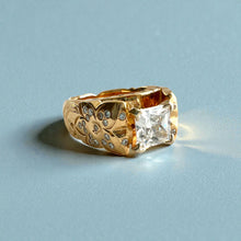 Load image into Gallery viewer, Scalloped Old English &amp; Hibiscus 10mm Tapered French Mount Solitaire Engagement Ring with Princess Cut 1ct Cubic Zirconia &amp; .5ct Diamonds in 14K Yellow Gold in size 7 1/4
