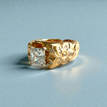 Load image into Gallery viewer, Scalloped Old English &amp; Hibiscus 10mm Tapered French Mount Solitaire Engagement Ring with Princess Cut 1ct Cubic Zirconia &amp; .5ct Diamonds in 14K Yellow Gold in size 7 1/4
