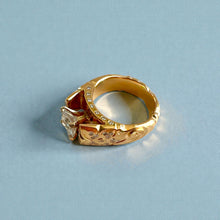 Load image into Gallery viewer, Scalloped Old English &amp; Hibiscus 10mm Tapered French Mount Solitaire Engagement Ring with Princess Cut 1ct Cubic Zirconia &amp; .5ct Diamonds in 14K Yellow Gold in size 7 1/4
