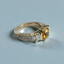 Load image into Gallery viewer, Malama Tapered Flat Ring with Yellow Sapphire and Diamonds in 14K White Gold in size 5 1/4
