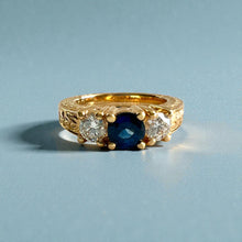 Load image into Gallery viewer, Malama Tapered Flat Ring with Blue Sapphire and Diamonds in 14K Yellow Gold in size 5
