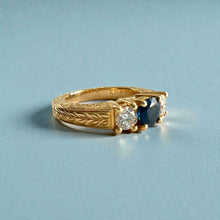 Load image into Gallery viewer, Malama Tapered Flat Ring with Blue Sapphire and Diamonds in 14K Yellow Gold in size 5
