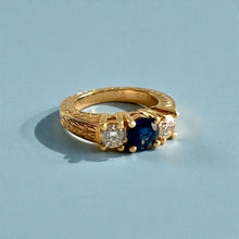 Load image into Gallery viewer, Malama Tapered Flat Ring with Blue Sapphire and Diamonds in 14K Yellow Gold in size 5
