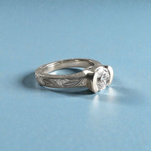 Load image into Gallery viewer, Malama Old English Flat Ring with 6.4mm Cubic Zirconia and Side Engraving in 14K White Gold in size 6 1/2
