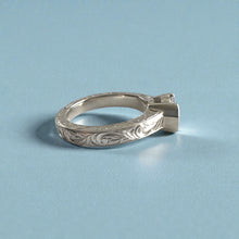 Load image into Gallery viewer, Malama Old English Flat Ring with 6.4mm Cubic Zirconia and Side Engraving in 14K White Gold in size 6 1/2
