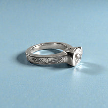 Load image into Gallery viewer, Malama Old English Flat Ring with 6.4mm Cubic Zirconia in 14K White Gold  in size 6 1/2
