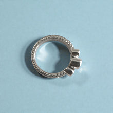 Load image into Gallery viewer, Palau 3mm Old English Flat Ring with Bezel Set Diamonds in 14K White Gold in size 5 1/4 with chip chop side engraving

